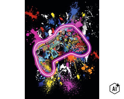 Fotobehang met een kleurrijke gamecontroller in graffitistijl, omringd door een lichtgevende neonrand en verfspatten. (Image AI modified or generated)