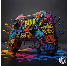 Gamepad met kleurrijk graffiti-ontwerp en verfspatten (Image AI modified or generated)