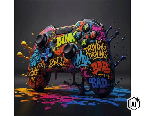 Gamepad met kleurrijk graffiti-ontwerp en verfspatten (Image AI modified or generated)