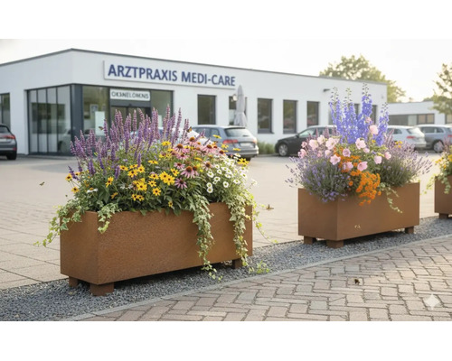 Rechthoekige plantenbakken met roestoptiek voorzien van zomerbeplanting en klimop in een buitenruimte voor een gebouw.