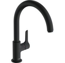 Mat zwarte eenhendel keukenmengkraan met hoge C-uitloop en Hansgrohe logo.