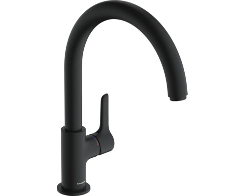Mat zwarte eenhendel keukenmengkraan met hoge C-uitloop en Hansgrohe logo.