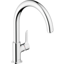 Eengreeps keukenmengkraan van hansgrohe van verchroomd metaal met hoge uitloop en zijdelingse hendel. hansgrohe Logo.