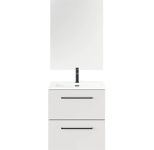 Moderne badkamermeubelset bestaande uit een wit wastafelmeubel met twee laden, een zwarte kraan, een witte wastafel en een spiegel.