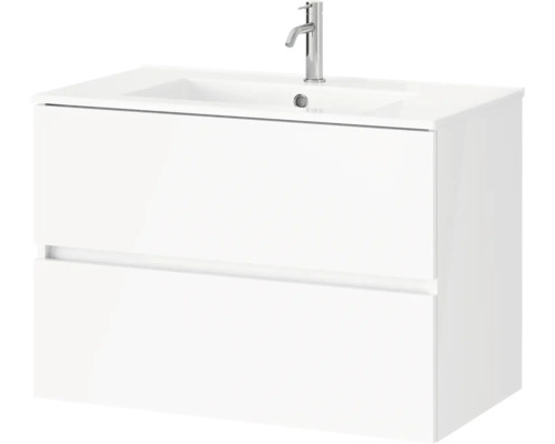 Wastafelmeubel met wastafel en kraan, wit, twee laden.