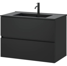 Zwarte wastafelonderkast met twee laden, geïntegreerde wastafel en kraan.