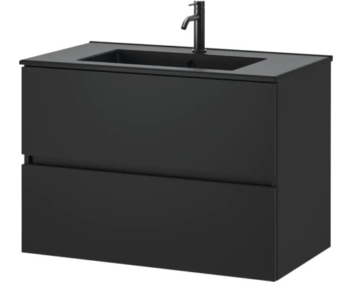 Zwarte wastafelonderkast met twee laden, geïntegreerde wastafel en kraan.