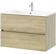 Wastafelonderkast in houtlook met twee laden, witte wastafel en verchroomde kraan.