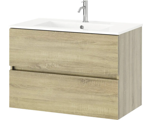 Wastafelonderkast in houtlook met twee laden, witte wastafel en verchroomde kraan.