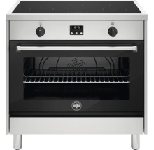 Vrijstaand elektrisch fornuis met inductiekookplaat, oven met kijkvenster en roestvrijstalen design. La Germania Logo.