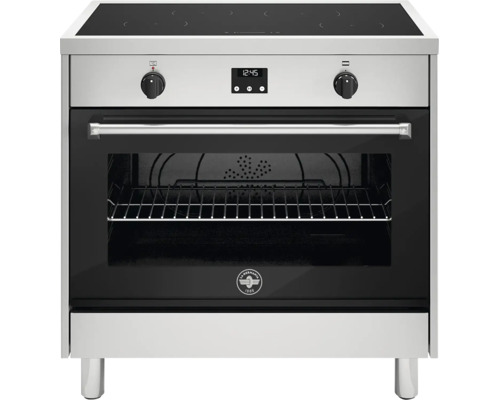 Vrijstaand elektrisch fornuis met inductiekookplaat, oven met kijkvenster en roestvrijstalen design. La Germania Logo.