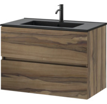 Modern wastafelmeubel met houtdecor, twee laden, zwarte wasbak en zwarte kraan.
