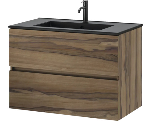 Modern wastafelmeubel met houtdecor, twee laden, zwarte wasbak en zwarte kraan.