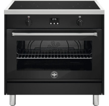 Vrijstaand fornuis met inductiekookplaat, oven, digitaal display, twee draaiknoppen en La Germania Logo.