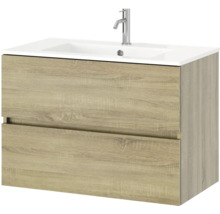Wastafelmeubel met twee laden in houtlook inclusief witte wastafel en kraan.