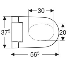 Technische tekening van een toiletpot met buitenafmetingen 37,5 bij 56,5 centimeter en binnenafmetingen 30 bij 20 centimeter.