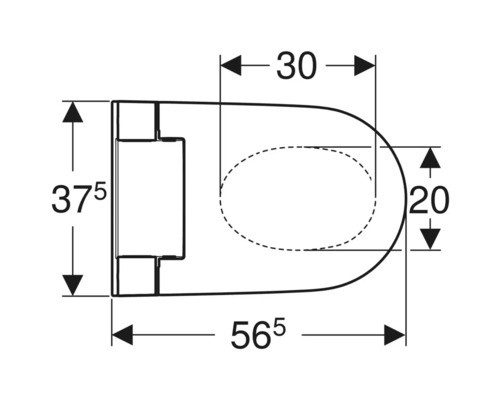 Technische tekening van een toiletpot met buitenafmetingen 37,5 bij 56,5 centimeter en binnenafmetingen 30 bij 20 centimeter.