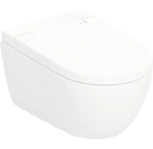 Wit hangend toilet van keramiek met gesloten wc-zitting, modern en afgerond ontwerp.