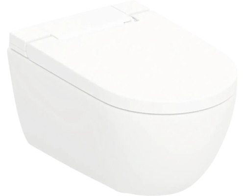 Wit hangend toilet van keramiek met gesloten wc-zitting, modern en afgerond ontwerp.