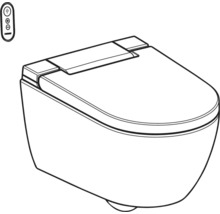 Lijntekening van een wandhangende douche-wc met gesloten deksel en afstandsbediening.