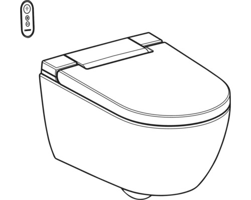 Lijntekening van een wandhangende douche-wc met gesloten deksel en afstandsbediening.