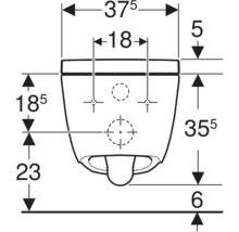 Technische tekening van een wandtoilet in vooraanzicht met afmetingen voor breedte, hoogte en montageafstanden.