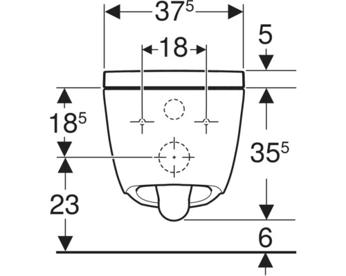 Technische tekening van een wandtoilet in vooraanzicht met afmetingen voor breedte, hoogte en montageafstanden.