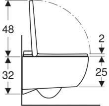 Maattekening van een wandcloset in zijbeanzicht met geopende zitting en diverse afmetingen.