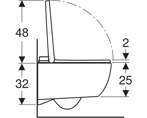 Maattekening van een wandcloset in zijbeanzicht met geopende zitting en diverse afmetingen.