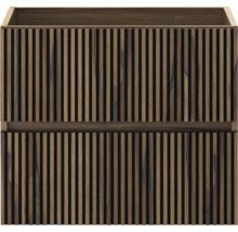 Wastafelonderkast met verticale houten latten, houtoptiek, twee laden.