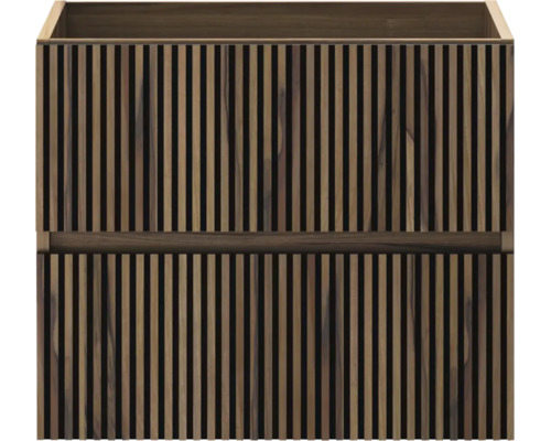 Wastafelonderkast met verticale houten latten, houtoptiek, twee laden.