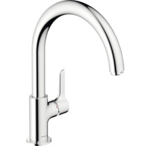 Hansgrohe keukenmengkraan met hoge uitloop en eengreepsbediening in glanzend chroom.