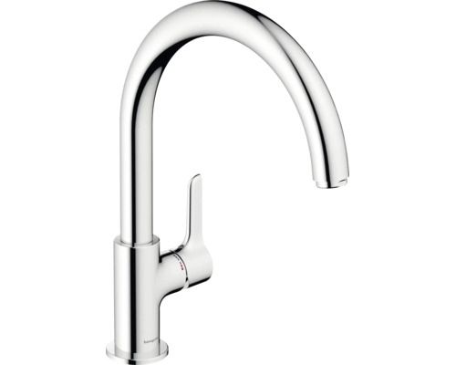 Hansgrohe keukenmengkraan met hoge uitloop en eengreepsbediening in glanzend chroom.