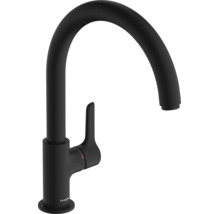 hansgrohe keukenkraan met C-uitloop en eenhendelmengkraan in mat zwart.