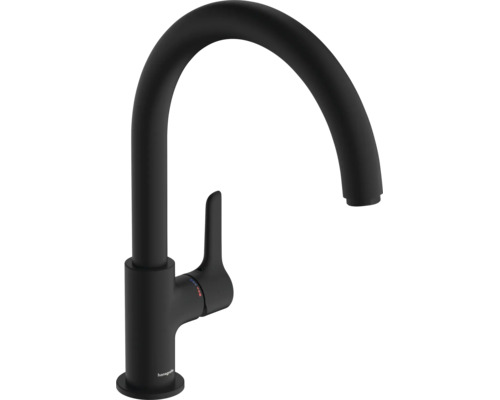 hansgrohe keukenkraan met C-uitloop en eenhendelmengkraan in mat zwart.