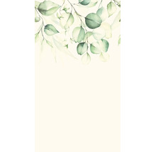 Behang met botanisch bladerpatroon in aquarelstijl aan de bovenkant.