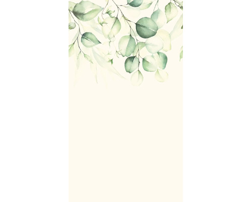 Behang met botanisch bladerpatroon in aquarelstijl aan de bovenkant.