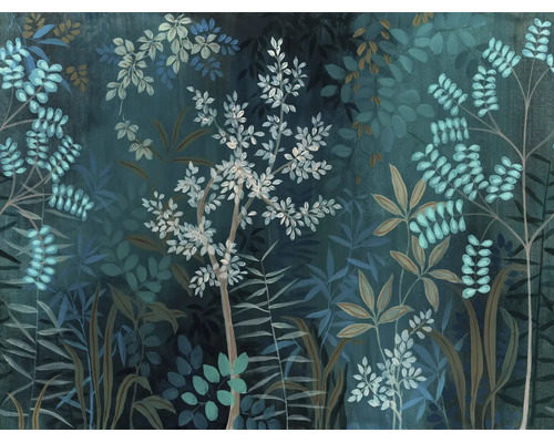 Fotobehang met botanisch blader- en varenpatroon in jungle-stijl met handgeschilderd effect.