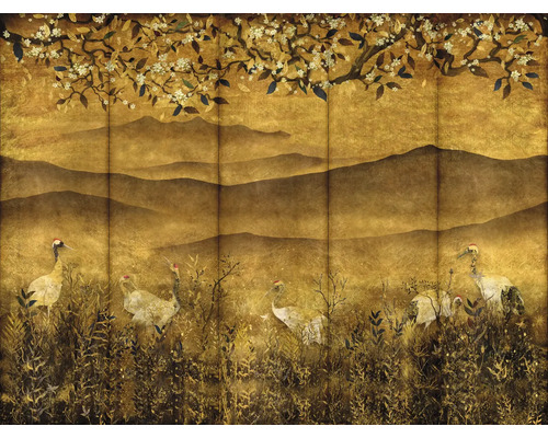 Vliesbehang met Japans motief, kraanvogels, bergen en kersenbloesemtakken, in de stijl van een kamerscherm.