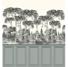 Fotobehang met boslandschap, pijnbomen in etsstijl en klassieke lambrisering.