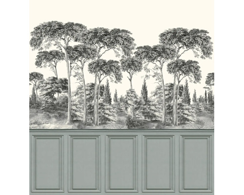 Fotobehang met boslandschap, pijnbomen in etsstijl en klassieke lambrisering.