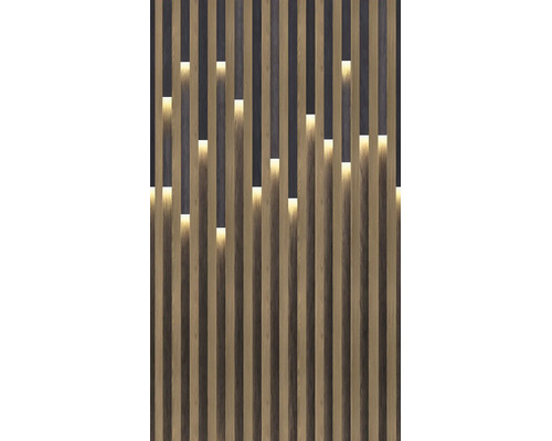 Wandpaneel met houtlook, verticale latten en geïntegreerde ledverlichting in verspringende segmenten.
