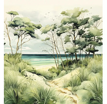Fotobehang met aquarelillustratie van een kustlandschap met duinen, grassen, bomen en de zee.