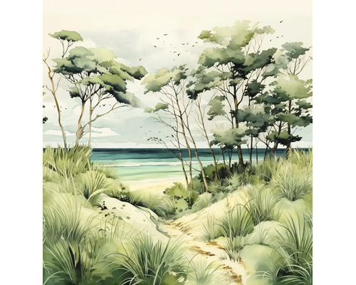 Fotobehang met aquarelillustratie van een kustlandschap met duinen, grassen, bomen en de zee.