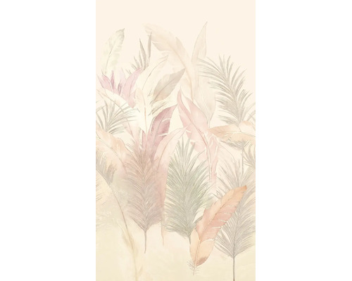 Vliesbehang met artistiek patroon van veren en palmbladeren in aquarelstijl.