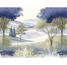 Vliesbehang met landschapsmotief in aquarelstijl, toont een uitzicht met bomen, gras, een meer en heuvels op de achtergrond.
