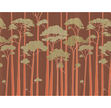 Behang met een patroon van gestileerde, hoge bomen en ronde boomkronen in een illustratief bosontwerp.