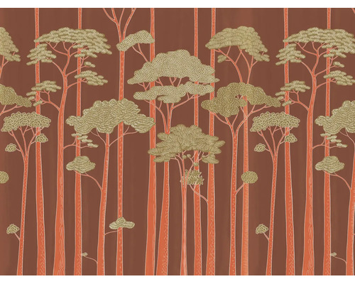 Behang met een patroon van gestileerde, hoge bomen en ronde boomkronen in een illustratief bosontwerp.