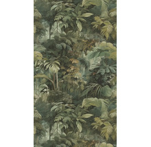 Vliesbehang met jungle-motief, verschillende tropische bladeren zoals Monstera en varen in verschillende groentinten.
