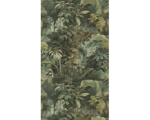 Vliesbehang met jungle-motief, verschillende tropische bladeren zoals Monstera en varen in verschillende groentinten.